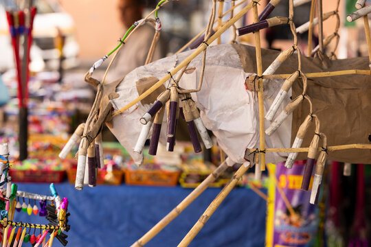 Jiquilpan, Michoac&aacute;n, Mexico- December 24, 2023: A torito, a papier-m&acirc;ch&eacute; bull filled with pyrotechnics and fireworks for sale during new years celebrations.