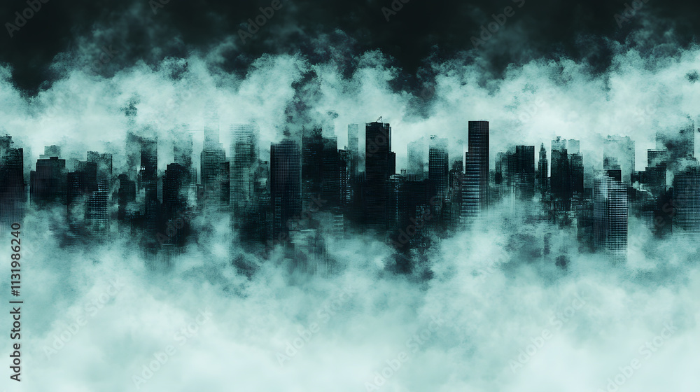 Poster mysterious fog enveloping urban skyline at dusk digital art atmospheric view