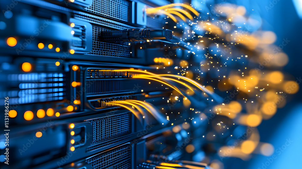 Poster Data transfer action in server room digital technology high-speed network environment