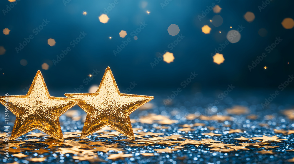 Poster sparkling golden stars on a shimmering surface festive atmosphere close-up view