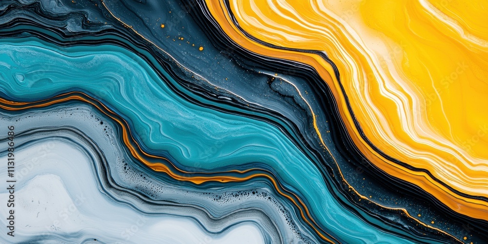 Poster a vibrant abstract image featuring swirling patterns of blue, gold, and black, creating a dynamic an