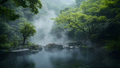 Fototapeta premium Serene Misty Forest Hot Spring Pool, Tranquil Nature Scene
