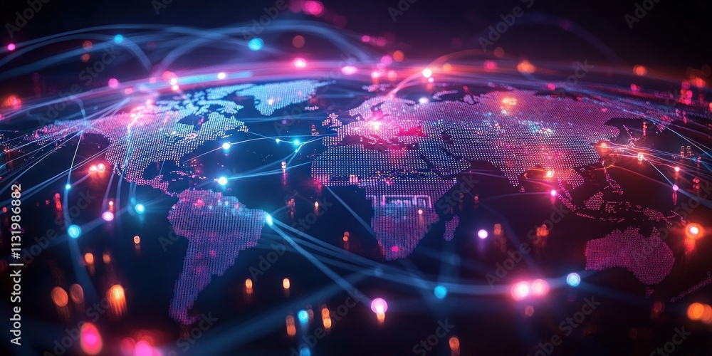 Poster futuristic world map with network connectivity and data exchange in digital art style