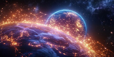 Obraz premium Global Digital Network Map Earth Connectivity Satellite Technology Cyber Communication Data Transfer