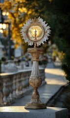 Eucharistic symbol, church monstrance embodying spiritual reverence, consecrated host for adoration, representing connection between believers and sacred through worship and prayer.