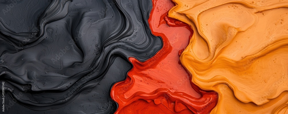 Poster a vibrant abstract image featuring swirling textures in black, red, and orange hues, creating a dyna