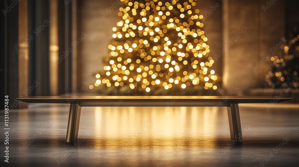 Poster an elegant empty table for christmas product display, with a glowing christmas tree softly blurred i