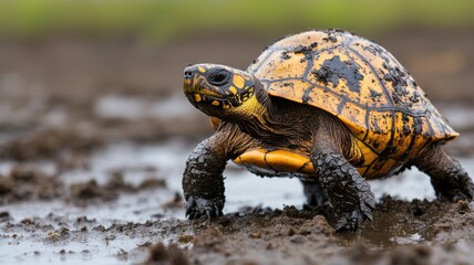 A tortoise crawls across muddy terrain, showcasing its distinctive shell and vibrant colors in a natural setting.