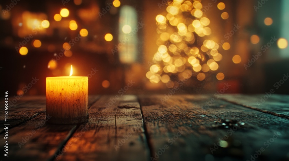 Poster an empty rustic christmas table with a glowing, blurred tree in the background, perfect for product 