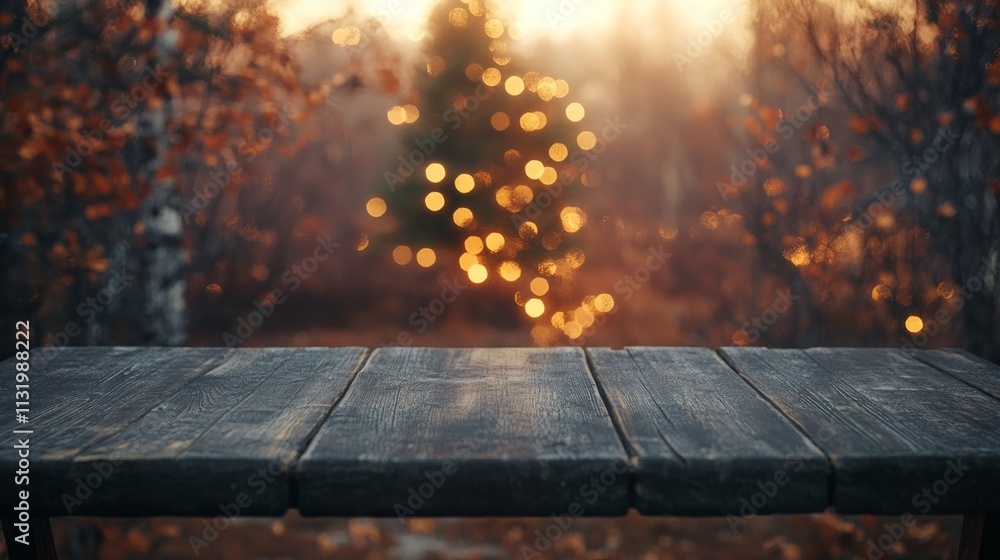 Poster an empty rustic christmas table with a glowing, blurred tree in the background, perfect for product 