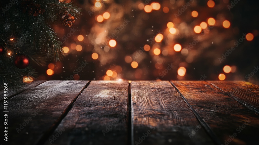 Poster an empty rustic christmas table with a glowing, blurred tree in the background, perfect for product 