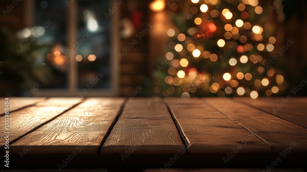 Aufkleber an inviting christmas setup with an empty table and a warmly lit, blurred holiday tree in the backgr