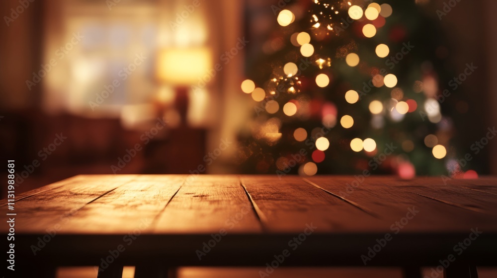 Poster an inviting christmas setup with an empty table and a warmly lit, blurred holiday tree in the backgr