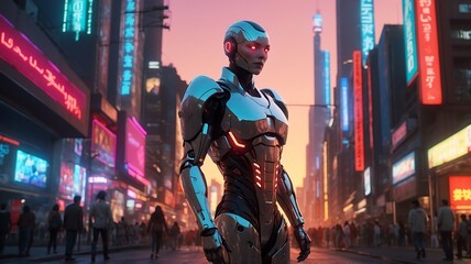 Fototapeta premium Cyberpunk Metropolis: A Futuristic Robot in a Neon-Drenched City