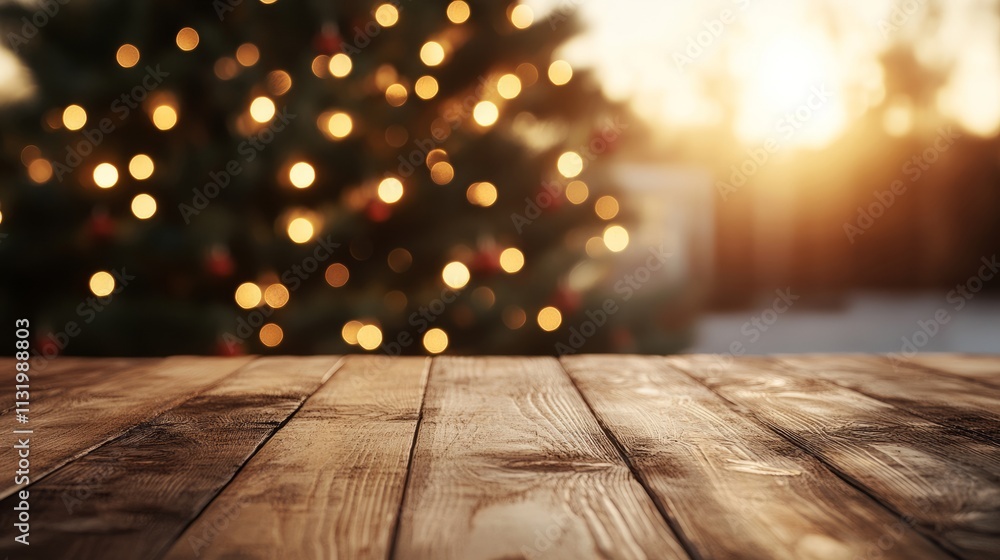 Poster an inviting christmas setup with an empty table and a warmly lit, blurred holiday tree in the backgr