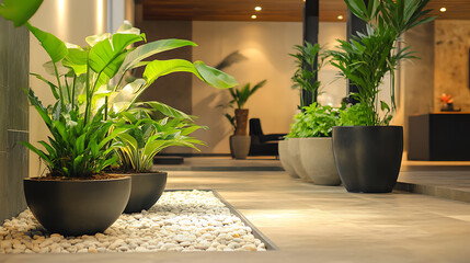 Contemporary interior with potted plants complementing modern design elements 