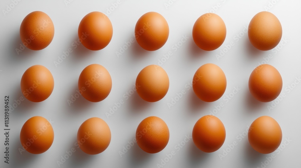 Poster a top-down view of neatly arranged brown eggs on a light surface.
