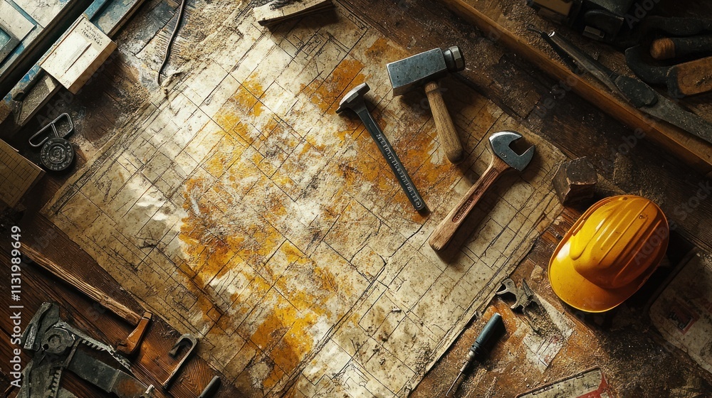Aufkleber overhead view of old tools and blueprints on a workbench.