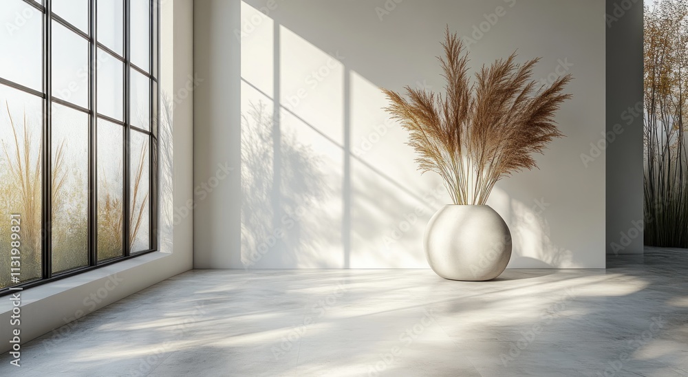 Poster Minimalistic Modern UI Design Mockup, White Gray Color Scheme, Symmetrical Composition, Soft Ambient Lighting, Elegant 3D Buttons for Mobile and Web