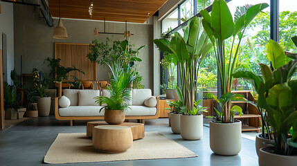 Contemporary interior with potted plants complementing modern design elements 