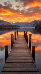 Obraz premium Golden Hour Reflection on Serene Lake with Wooden Dock, Golden Hour Outdoor Photography, New Year's day, New Year's Eve 