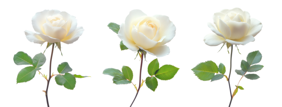 High-Quality PNG One beautiful white flower rose with green leaves close-up Isolated on White Background – High Resolution