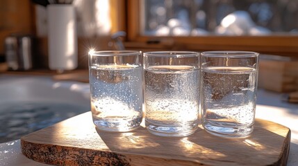 Obraz premium Three glasses of sparkling water on wooden board near hot tub.