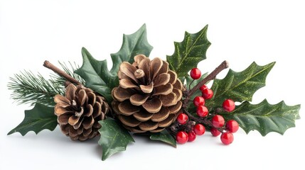 Fototapeta premium Holly berry sprigs paired with rustic pine cones, captured in vibrant detail on a white background