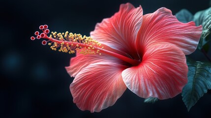 Hyper-realistic Close-up of Vibrant Red Hibiscus Flower with Detailed Petals and Stamens against Dark Background