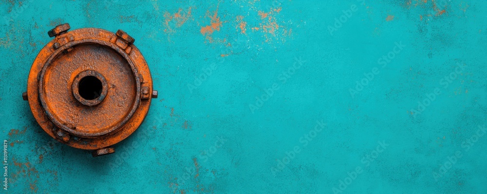Poster a rusty circular object against a vibrant turquoise background, showcasing texture and color contras