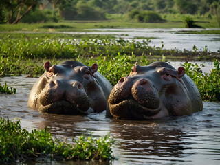 Fototapeta premium A dynamic river scene showcasing a pod of hippos partially submerged in the water. The muddy riverbanks are dotted with lush green vegetation.