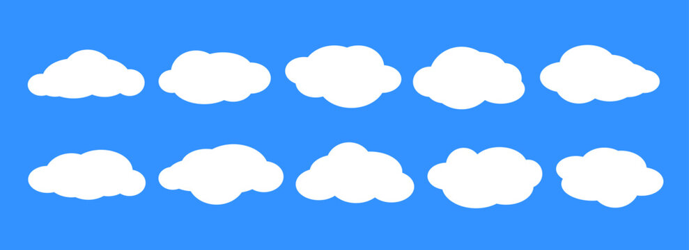 Empty comic clouds on blue background. Cartoon cloud shapes set for icon, poster, banner, label, badge, tag, logo, decoration. White blank speech bubble collection. Text box claud bundle. Vector