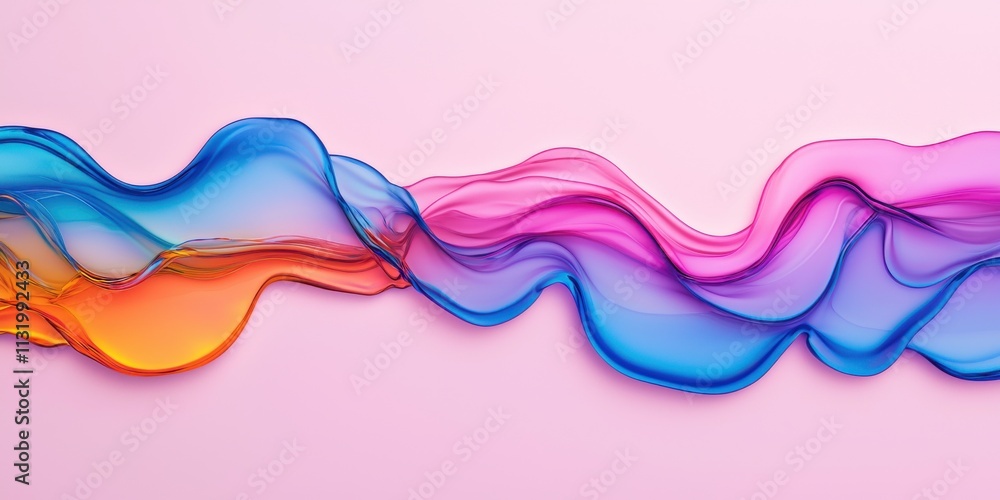 Poster a vibrant wave of flowing colorful fabric drapes gracefully against a soft pink background, creating