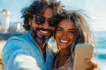 Happy retired couple taking a selfie by the ocean on vacation in Bahia El Salvador