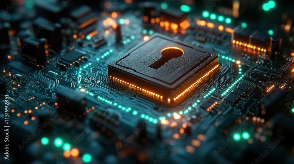 Poster digital lock for cyber security technology on dark background for privacy and fraud prevention conce