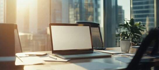 Fototapeta premium Modern office workspace with laptop, documents, and city view.