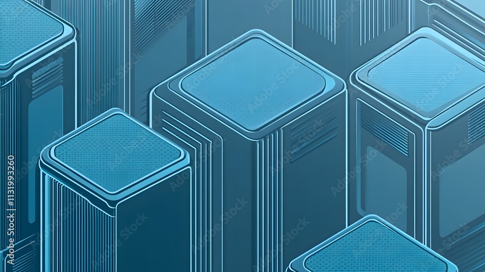 Poster abstract background of stylized 3d geometric shapes in various sizes rendered in cool blue tones wit