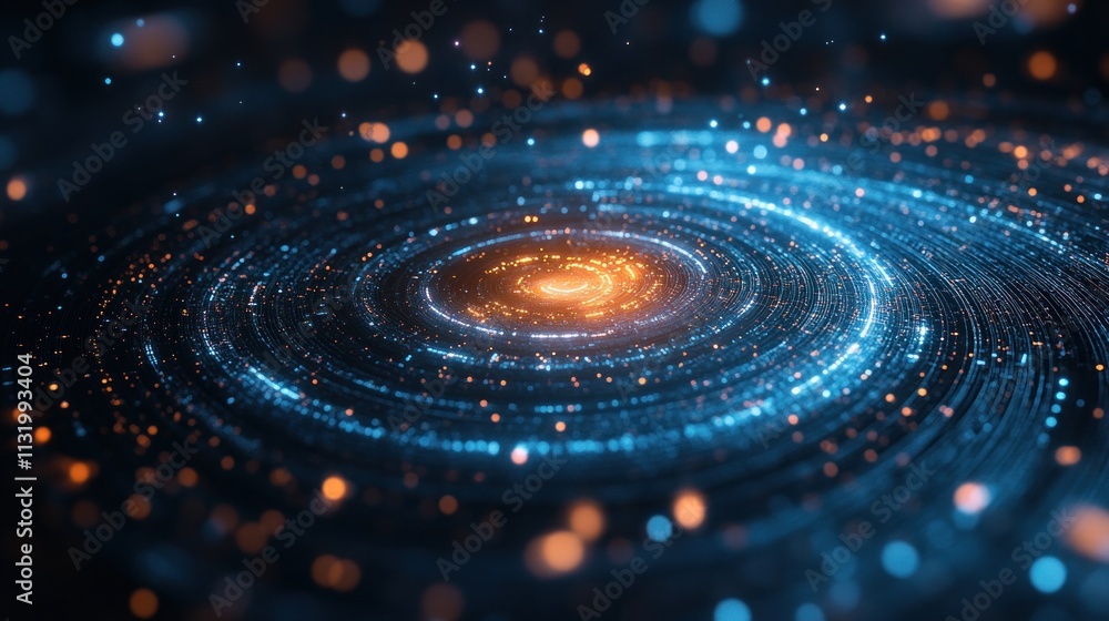 Poster abstract swirling galaxy with glowing particles and bokeh.