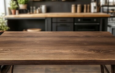Empty brown wooden table in modern kitchen.