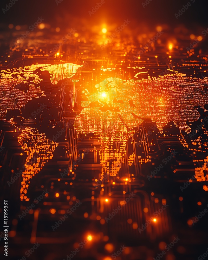 Poster a world map radiating with the warmth of sunset light, adorned with intricate digital designs symbol
