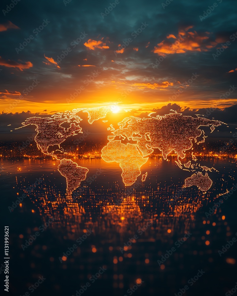 Poster a world map radiating with the warmth of sunset light, adorned with intricate digital designs symbol