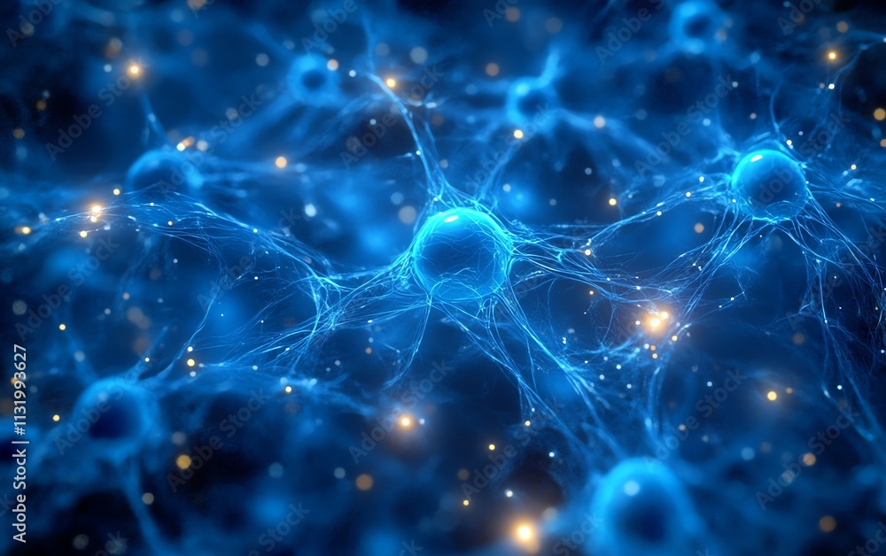 Poster an abstract blue network design with glowing nodes and pulsating connections, showcasing a futuristi