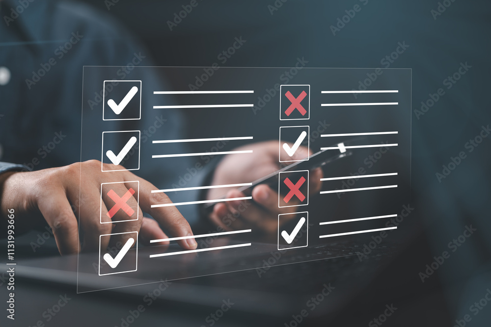 Poster check marks on checklist and filling online form or answering questions. education futuristic techno