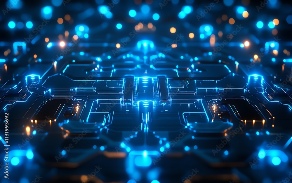 Poster an abstract blue network design with glowing nodes and pulsating connections, showcasing a futuristi