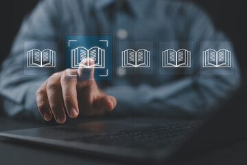 E-library concept. Person use smartphone and hand touch with virtual Ebook icons for electronic...