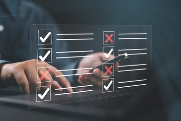 Check marks on checklist and filling online form or answering questions. Education futuristic...