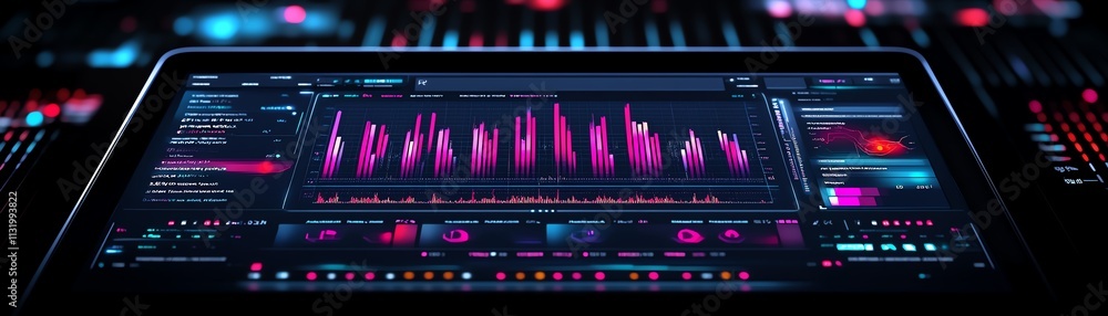 Poster An advanced digital data interface on a tablet, featuring colorful graphs and interactive charts, against a darktech background