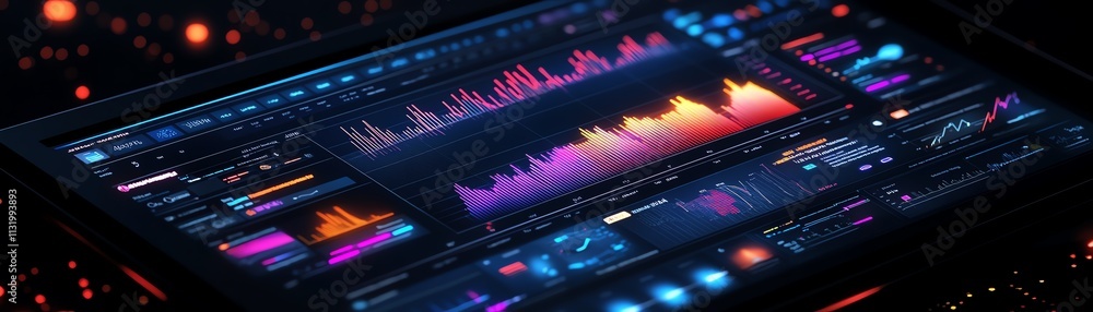 Poster An advanced digital data interface on a tablet, featuring colorful graphs and interactive charts, against a darktech background