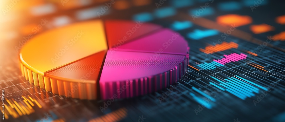 Fototapete an interactivestyle 3d pie chart with vivid shading, overlaying a detailed financial report containi