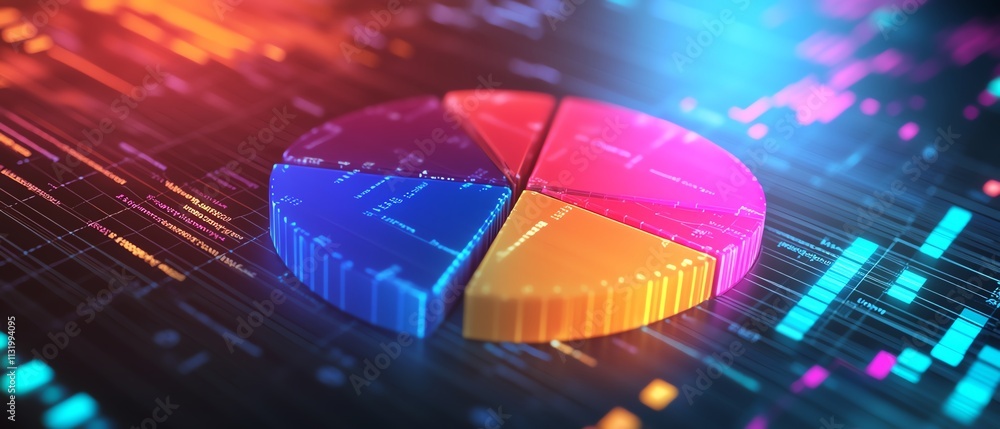 Fototapete an interactivestyle 3d pie chart with vivid shading, overlaying a detailed financial report containi